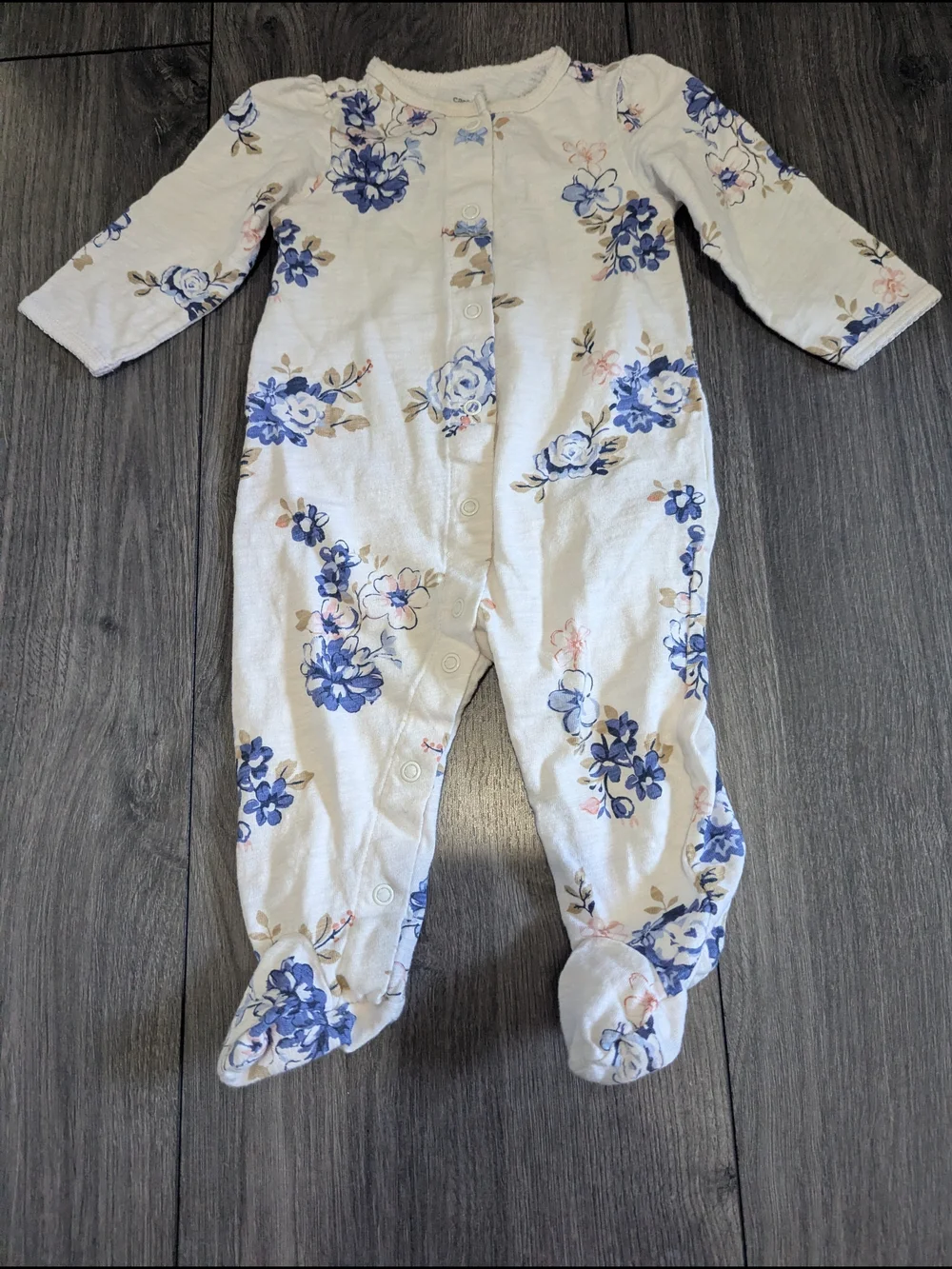 Carter's Cream Floral Footed One-Piece with Blue Flowers